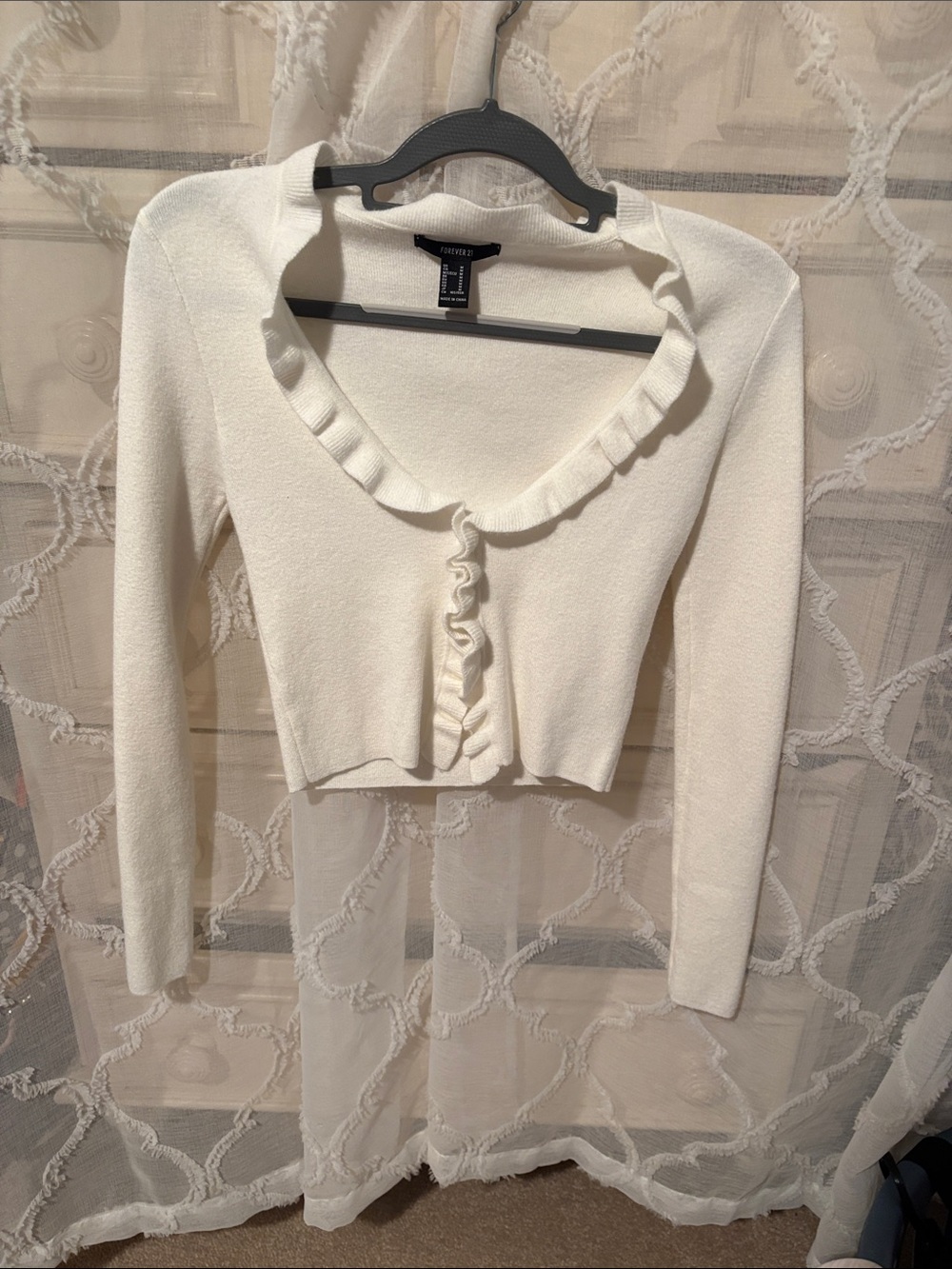 Forever 21 Cream Cropped Ruffle-Trim Long Sleeve Top